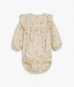 Baby beige floral print puffy bodysuit