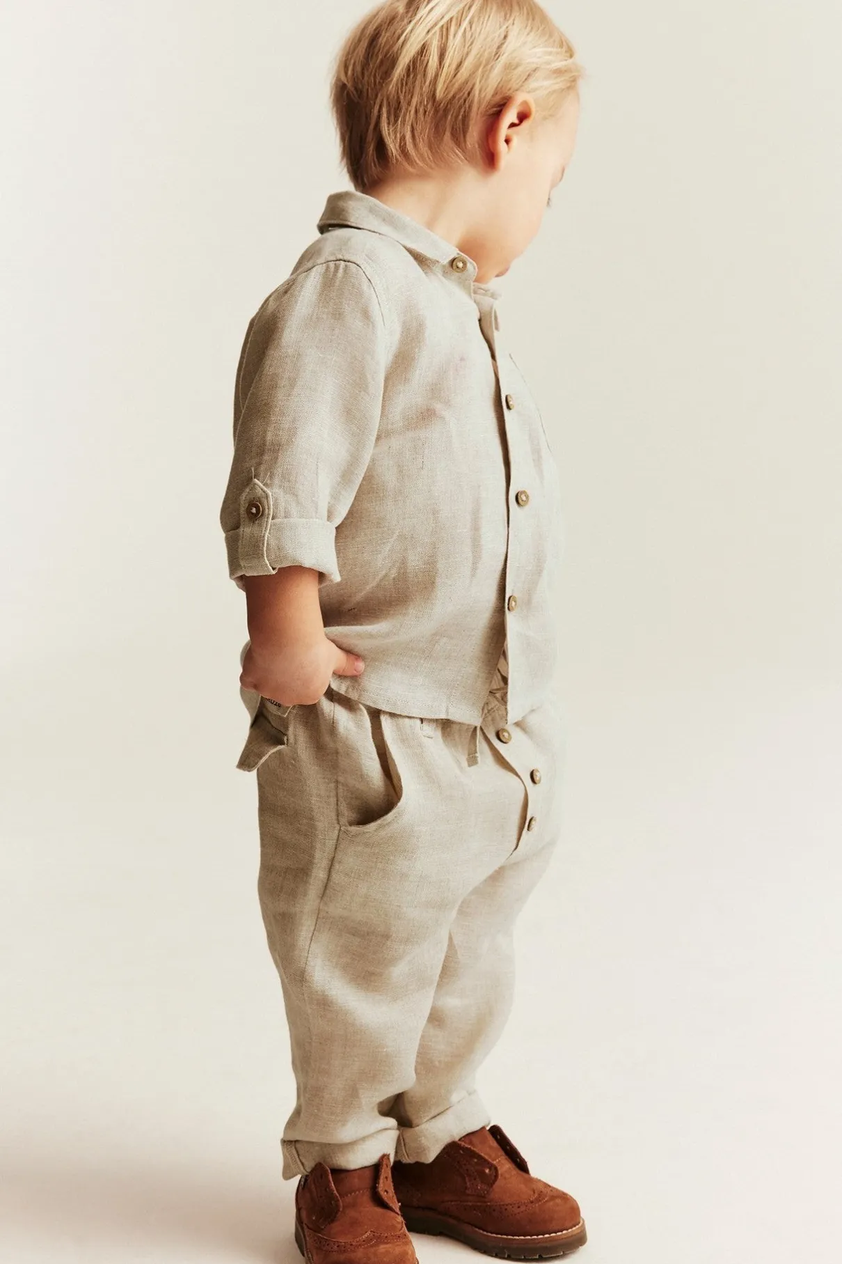 Baby beige linen drawstring trousers