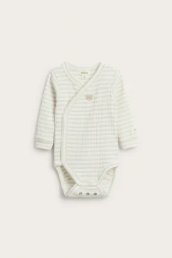 Baby beige striped wrap-over teddy bear bodysuit
