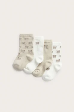 Baby beige teddy bear motif socks (4-pack)