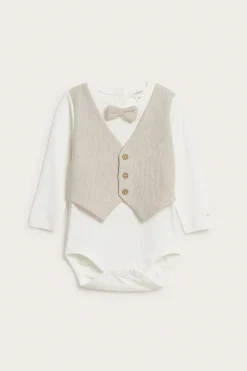 Baby beige tie bodysuit with waistcoat