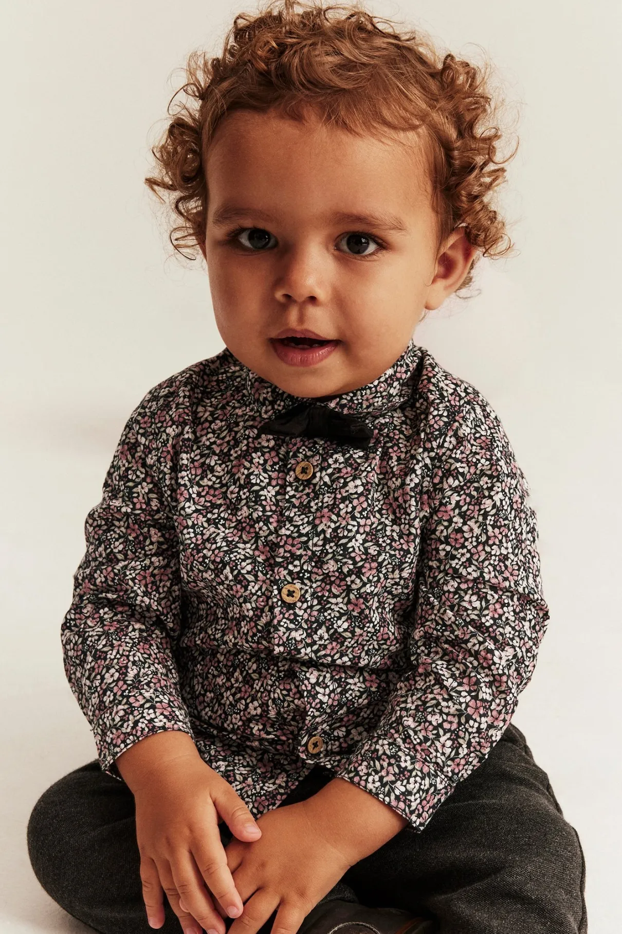 Baby black ditsy floral shirt with bow tie