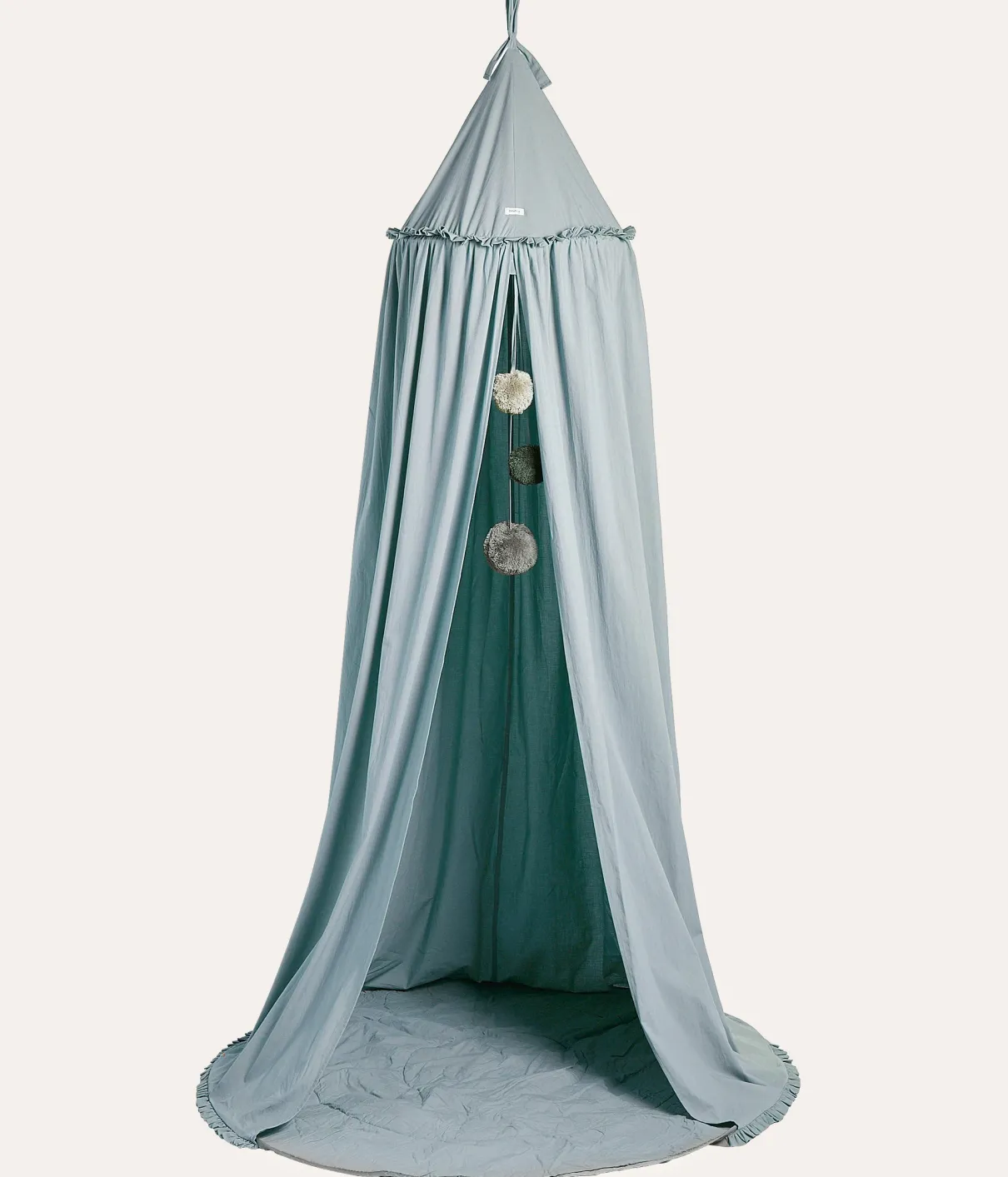 Baby blue play tent with pom-poms