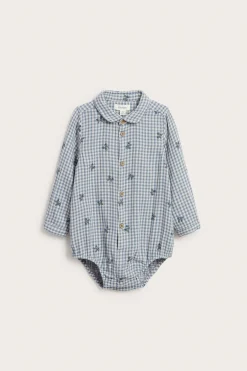 Baby blue shirt bodysuit with blueberries