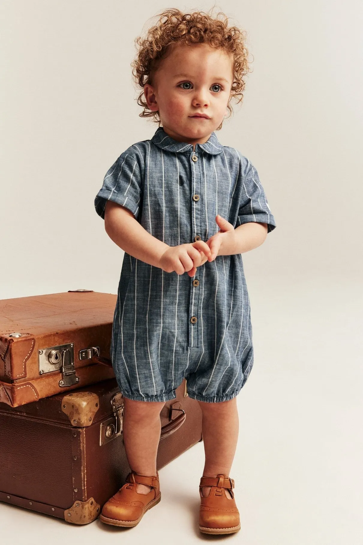 Baby blue striped woven romper