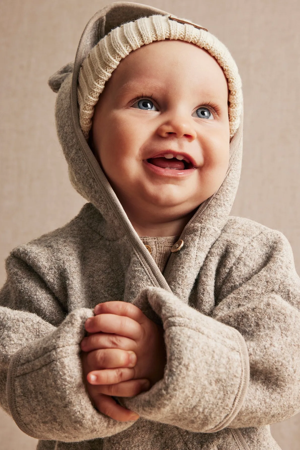 Baby brown wool coverall with hood ears