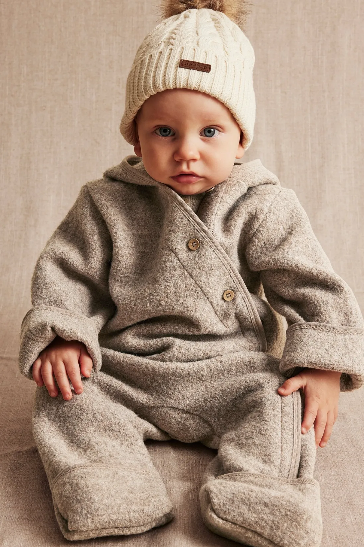 Baby brown wool coverall with hood ears