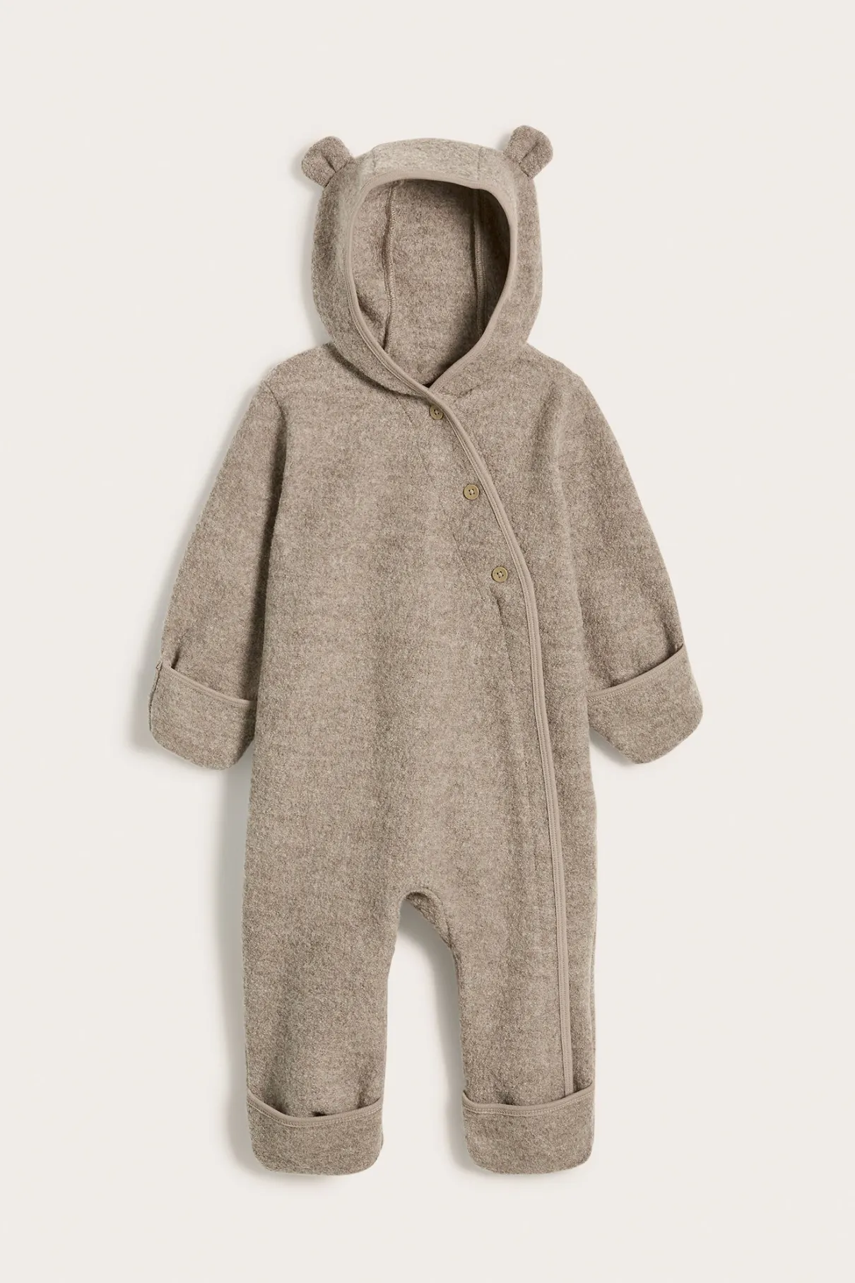 Baby brown wool coverall with hood ears