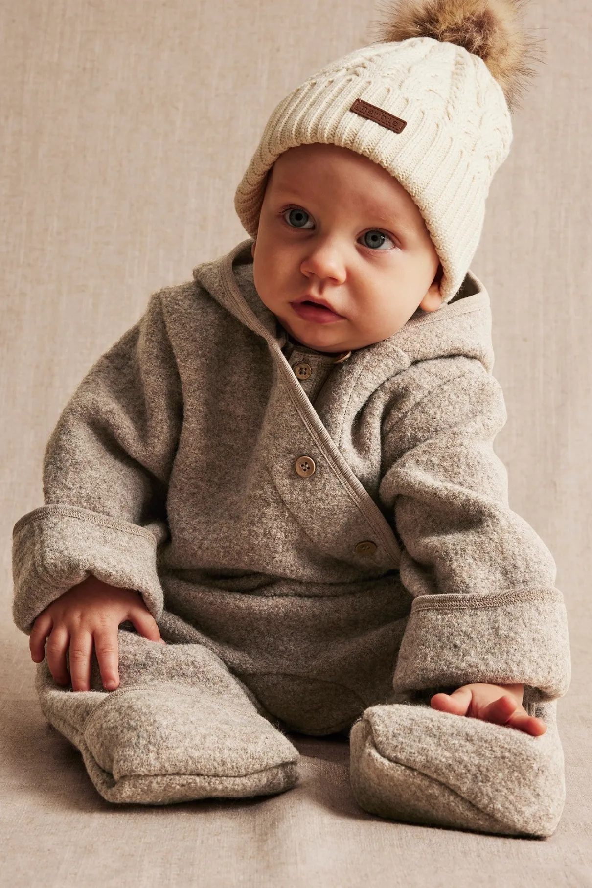 Baby brown wool coverall with hood ears