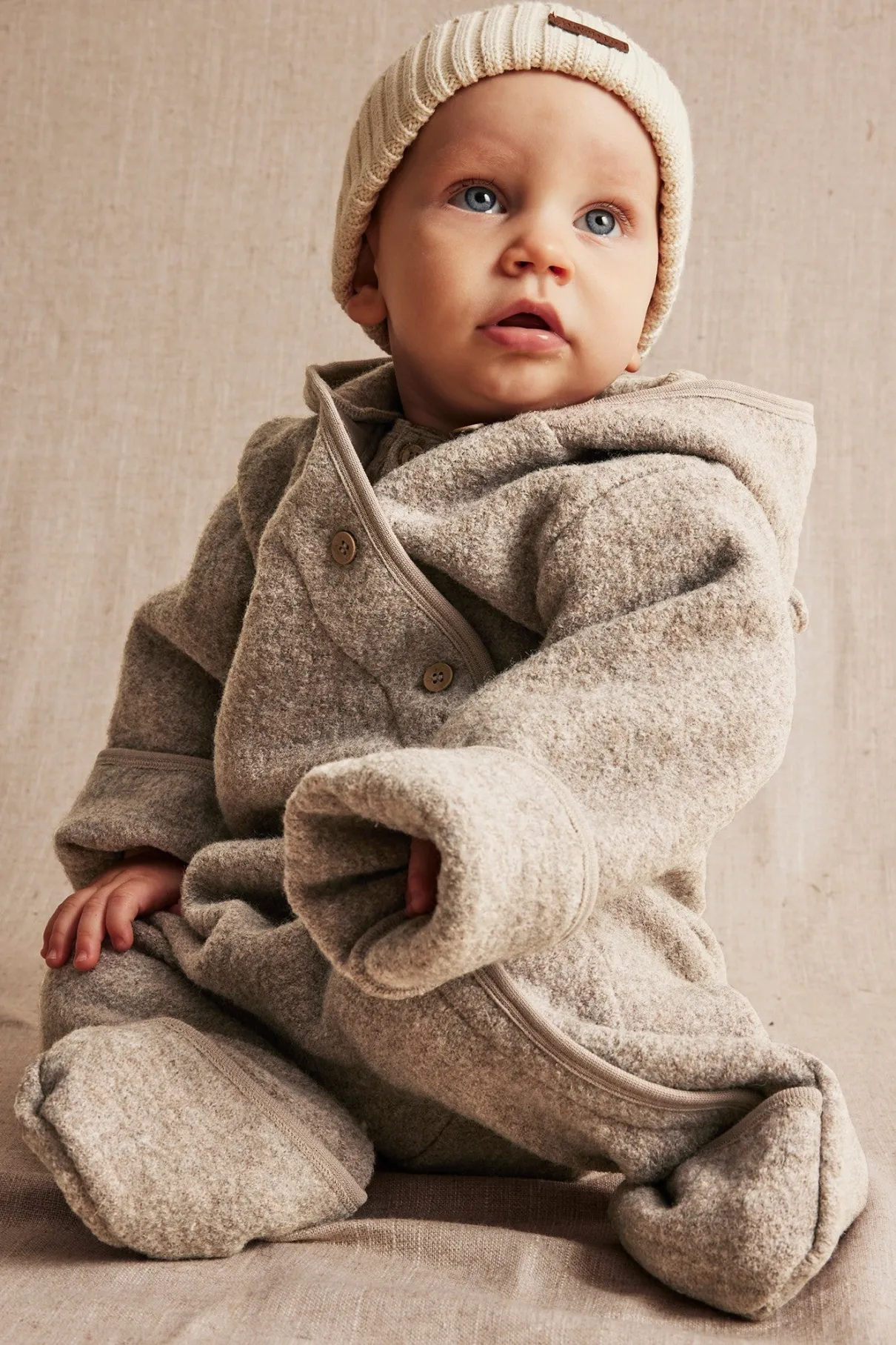 Baby brown wool coverall with hood ears