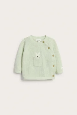 Baby green knitted cardigan with rabbit appliqué
