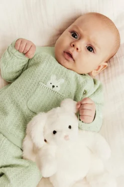 Baby green knitted cardigan with rabbit appliqué