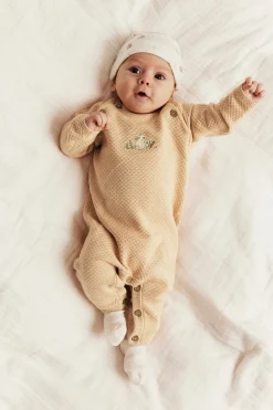 Baby orange knitted jumpsuit with embroidered rabbit
