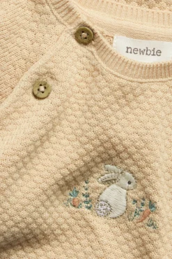 Baby orange knitted jumpsuit with embroidered rabbit