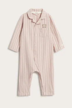 Baby pink striped sleepsuit with teddy bear