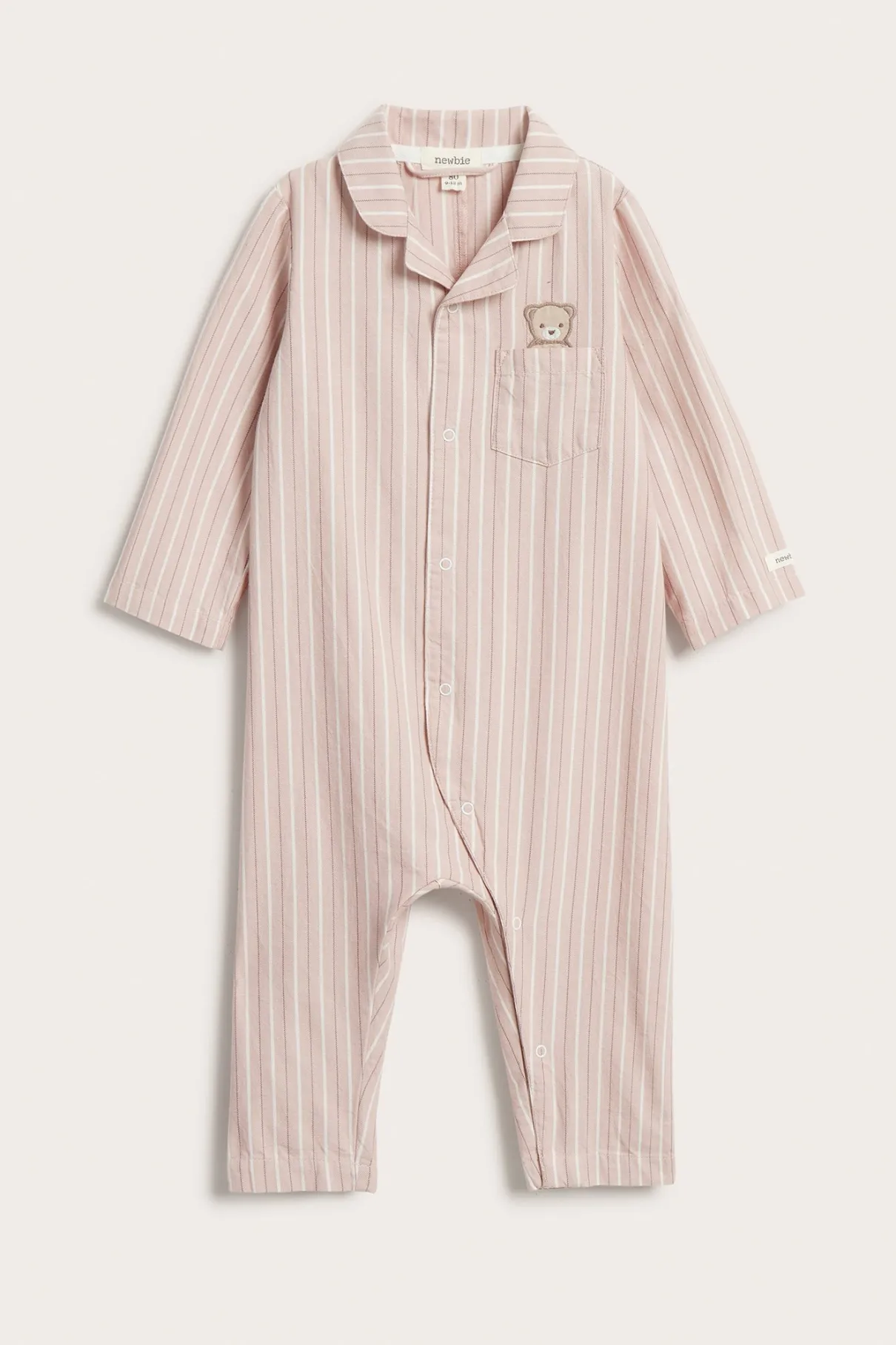Baby pink striped sleepsuit with teddy bear