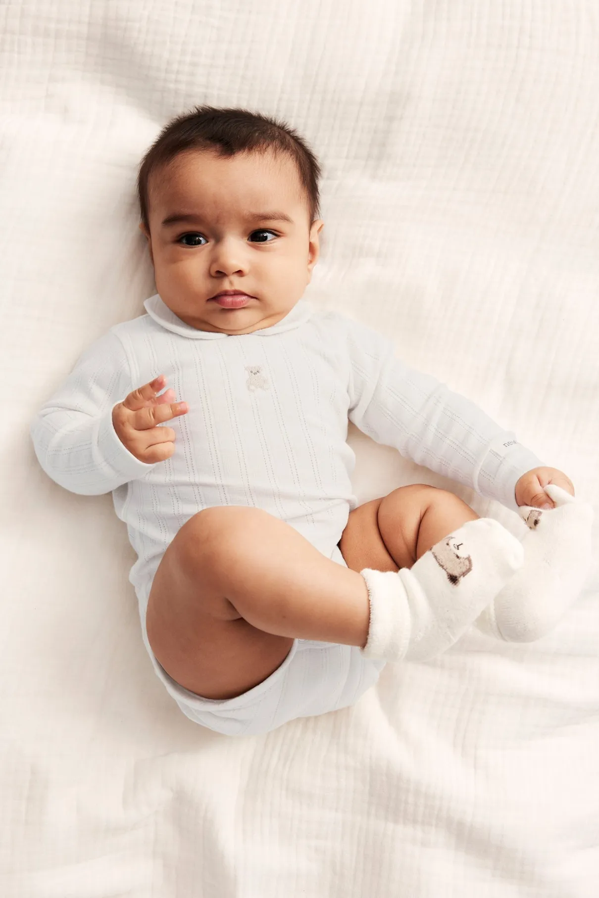 Baby white collar teddy embroidery bodysuit