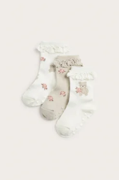 Baby white floral bear socks 3-pack