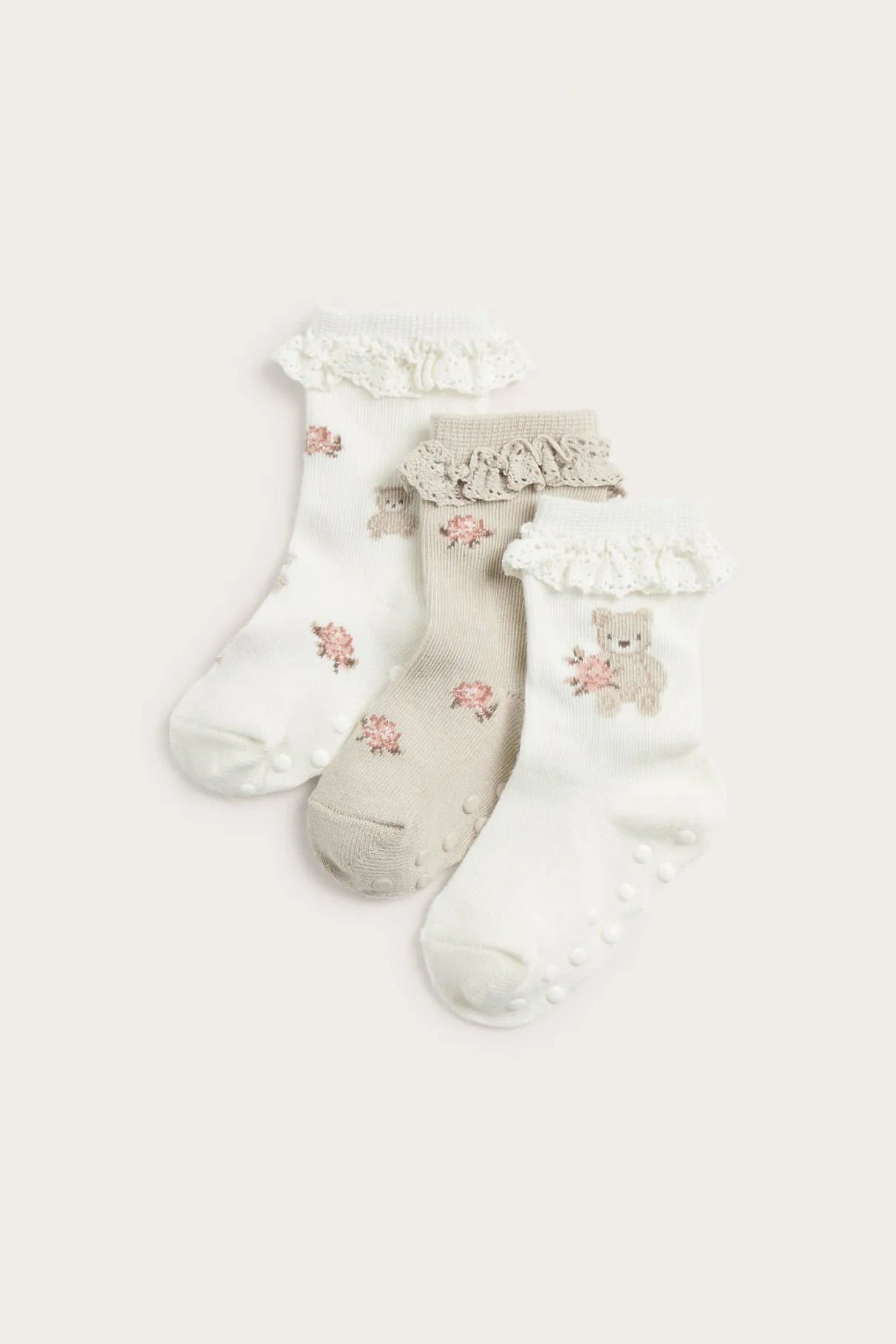 Baby white floral bear socks 3-pack