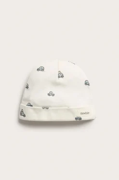Baby white jersey hat with car motif