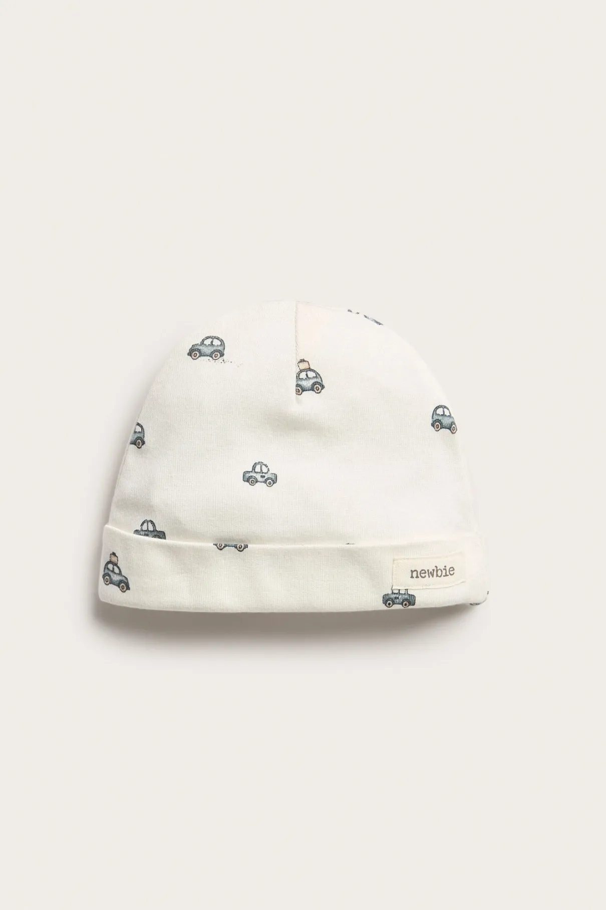 Baby white jersey hat with car motif