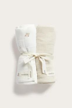 Baby white muslin teddy bear blankets, 2-pack