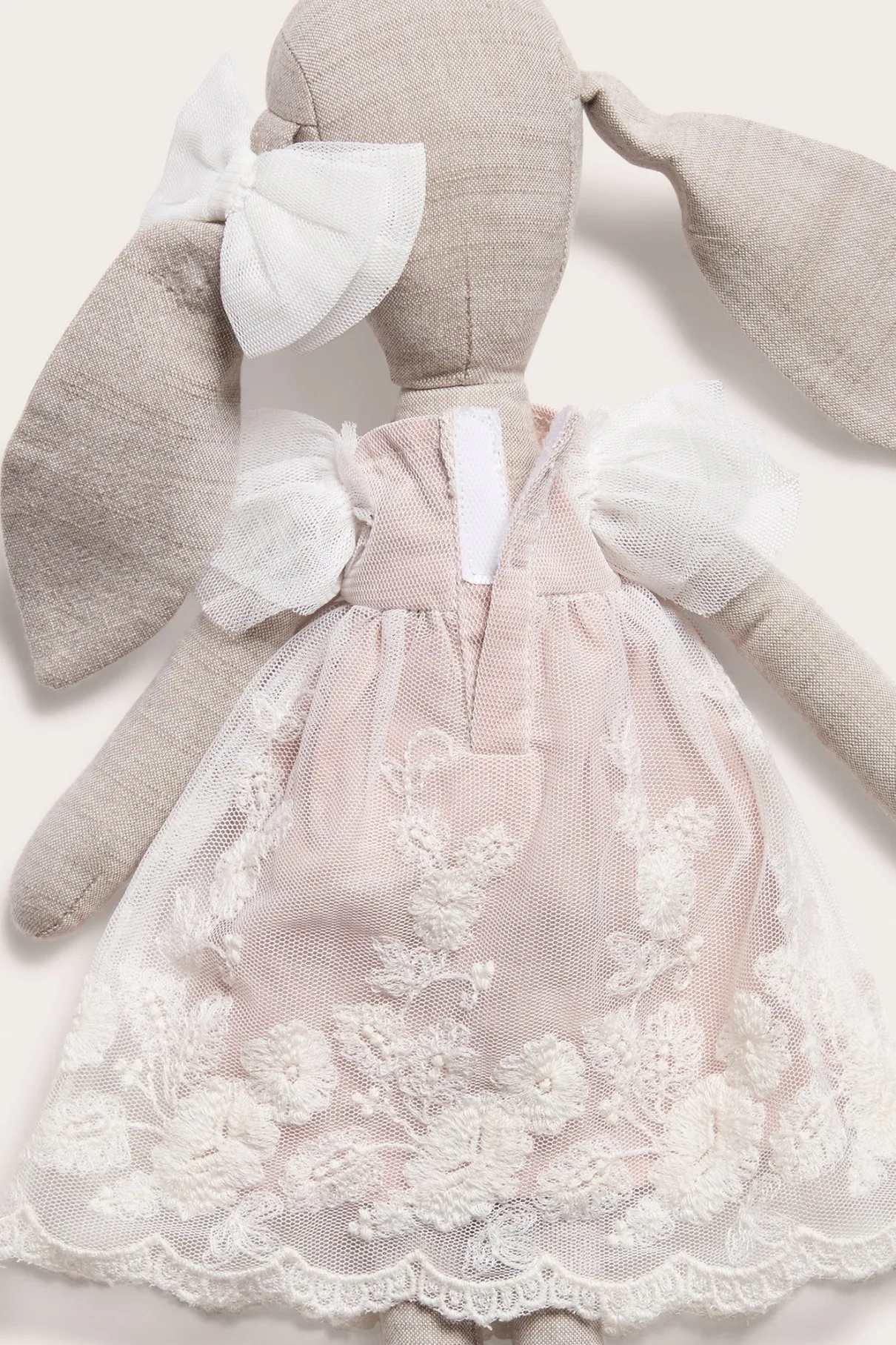 Cuddly beige toy rabbit with tutu