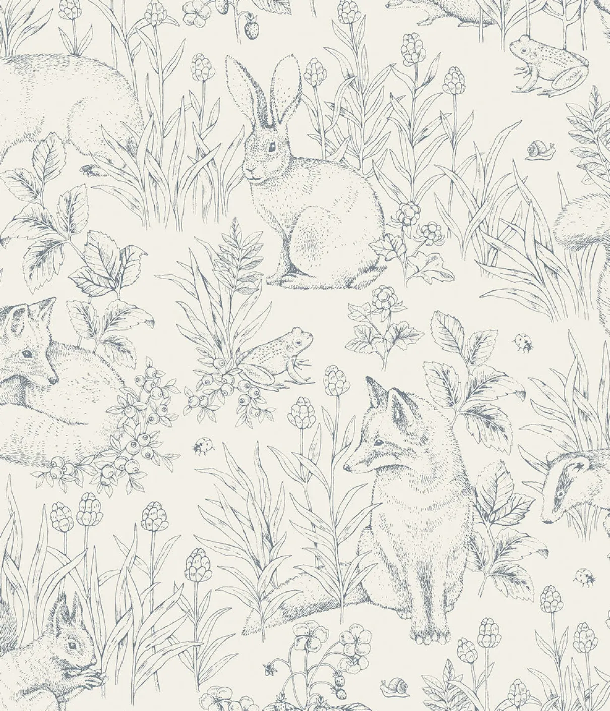 Forest Friends blue on white wallpaper