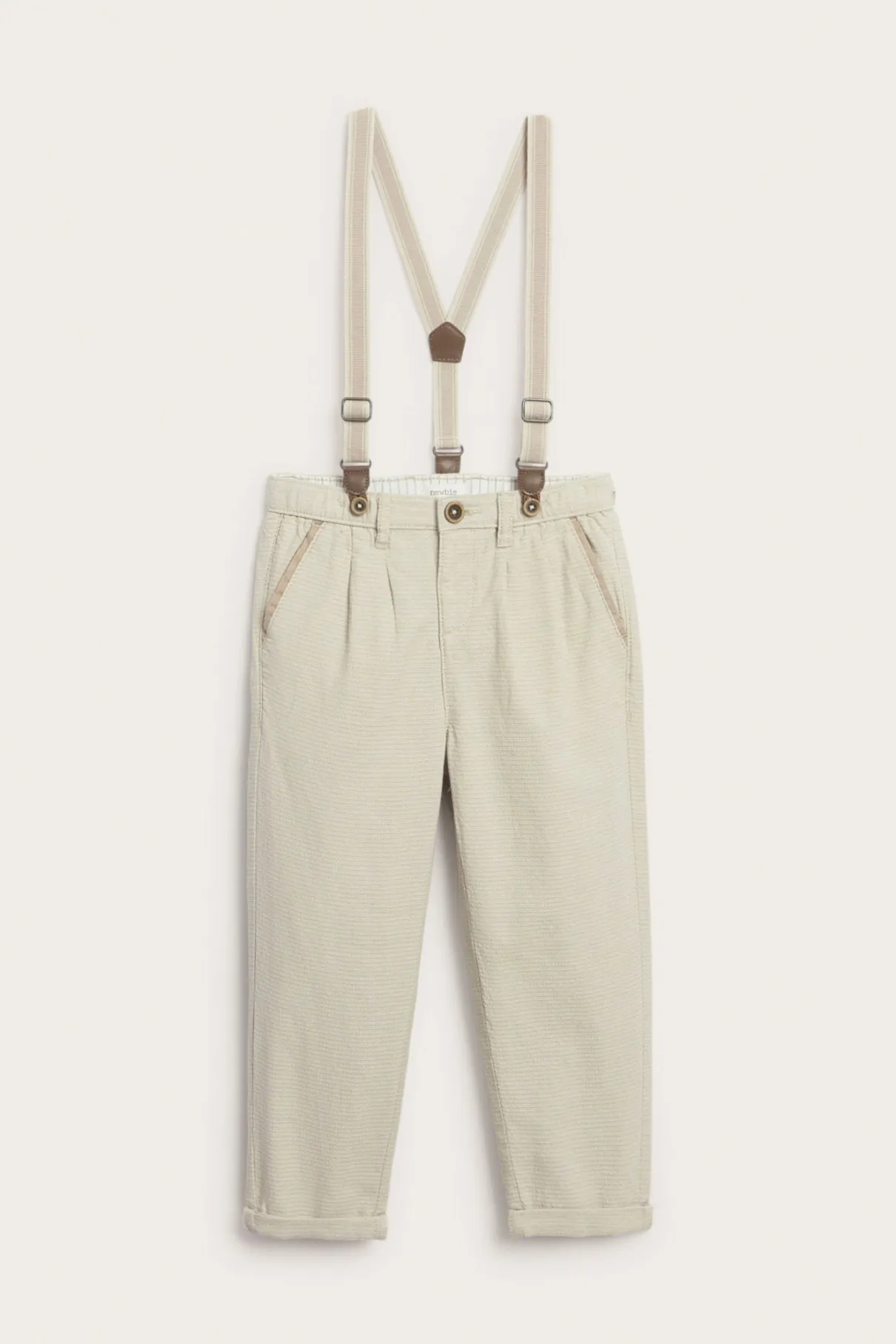 Kids beige woven trousers with suspenders