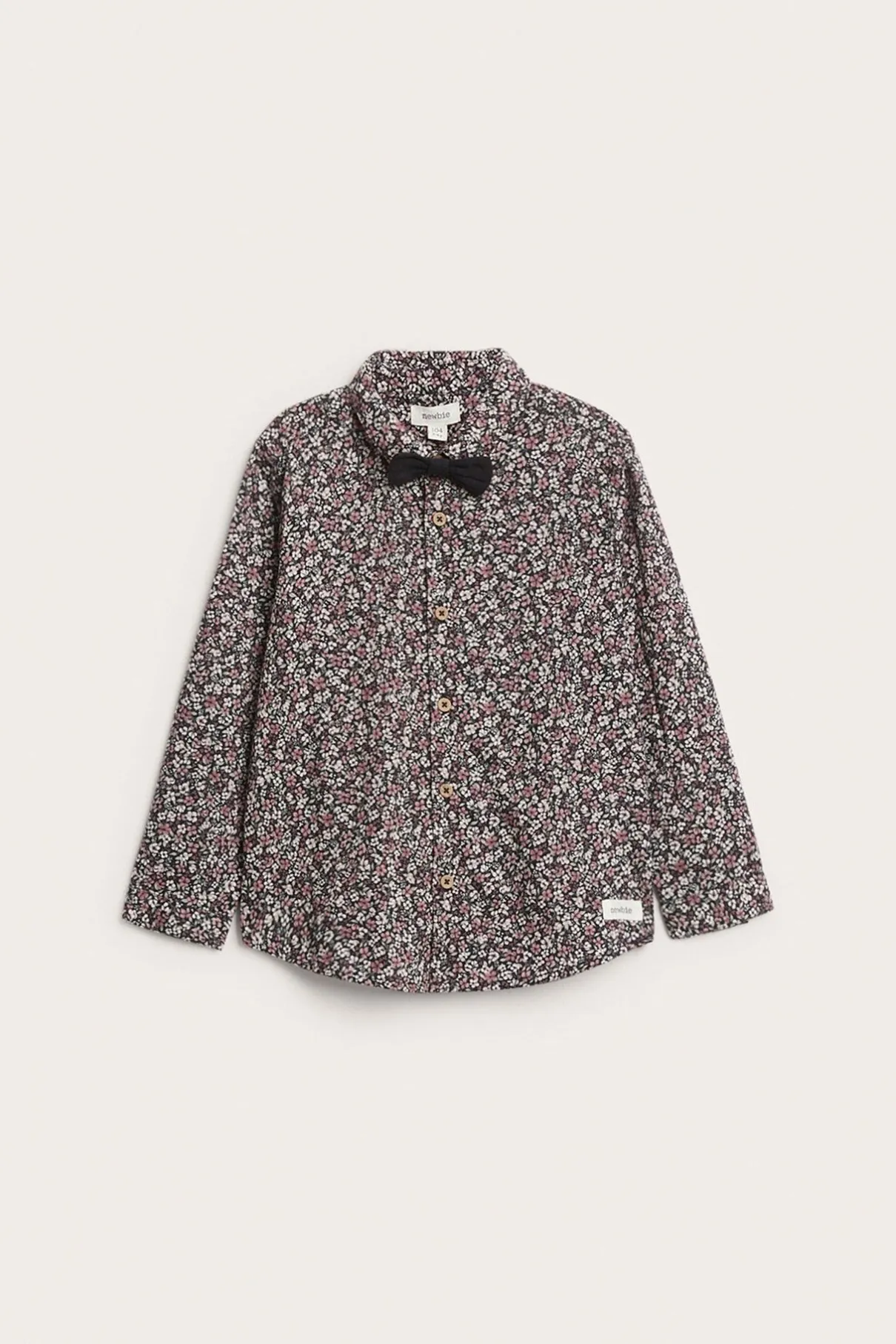 Kids black ditsy floral shirt with bow tie