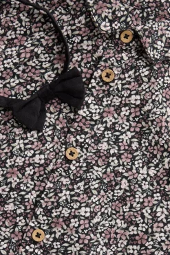 Kids black ditsy floral shirt with bow tie