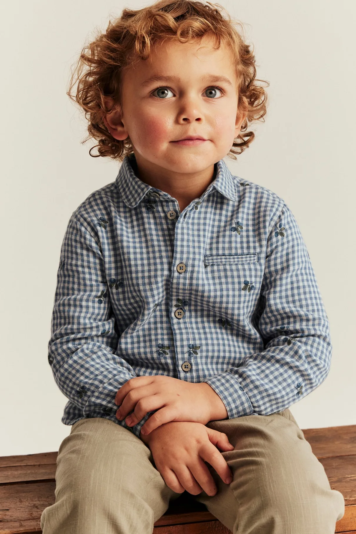 Kids’ blue checked shirt with blueberries