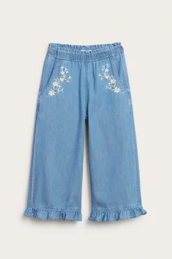 Kids blue denim trousers with floral embroidery