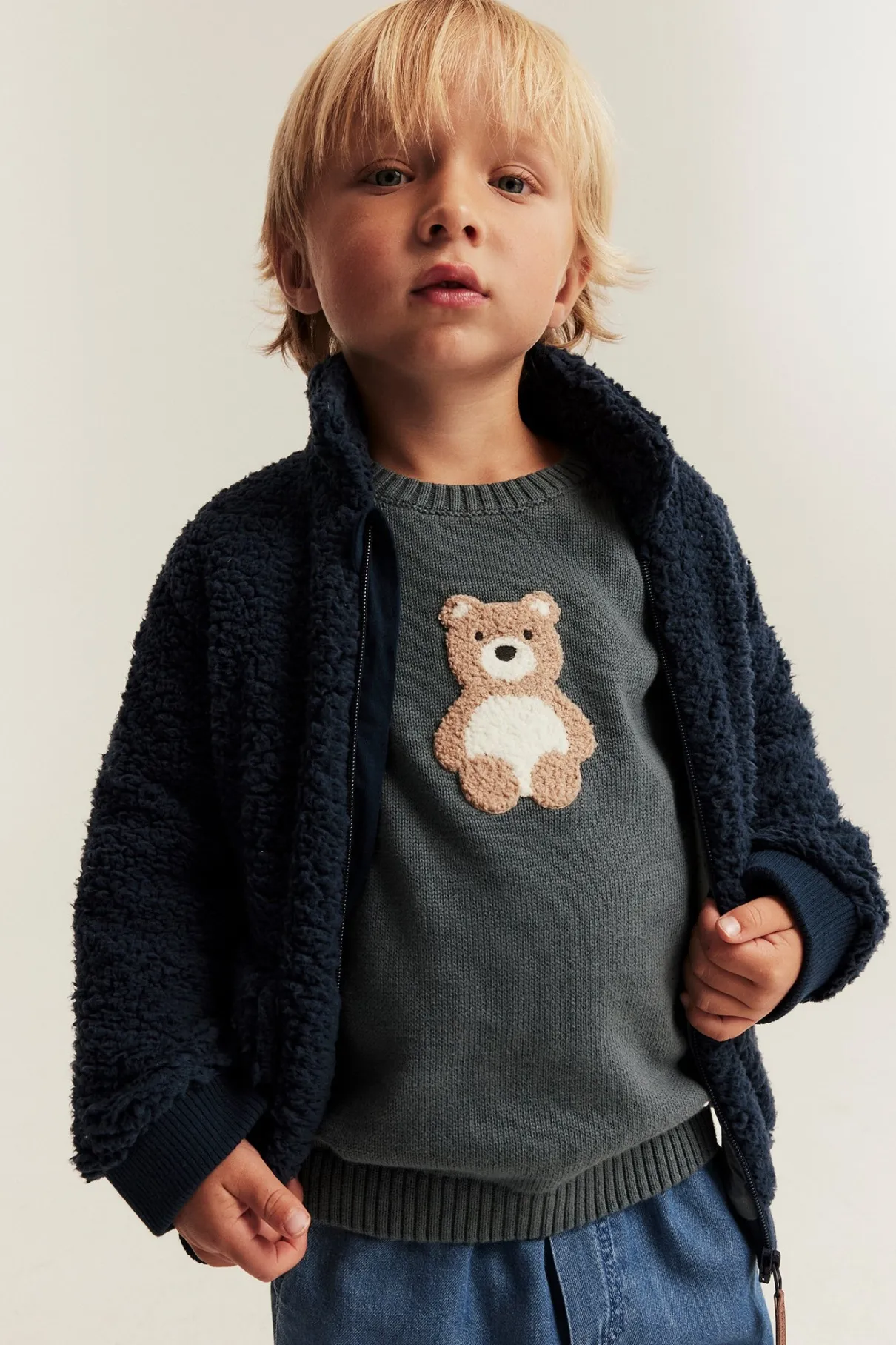 Kids blue pile jacket with bear embroidery