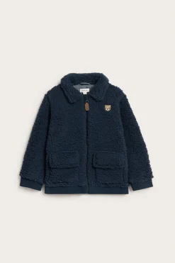 Kids blue pile jacket with bear embroidery