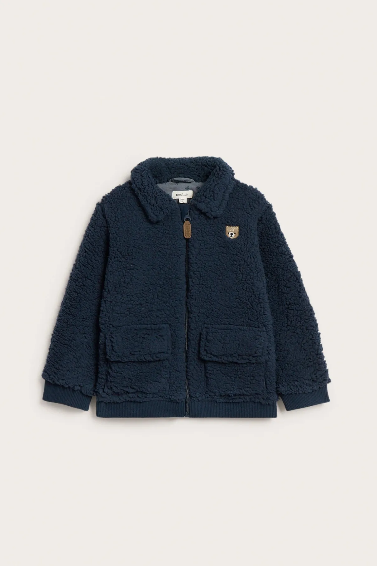 Kids blue pile jacket with bear embroidery