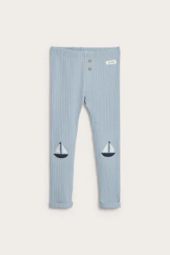 Kids blue ribbed leggings with boat appliqué
