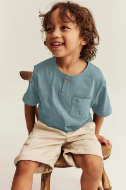 Kids blue slub knit T-shirt with pocket