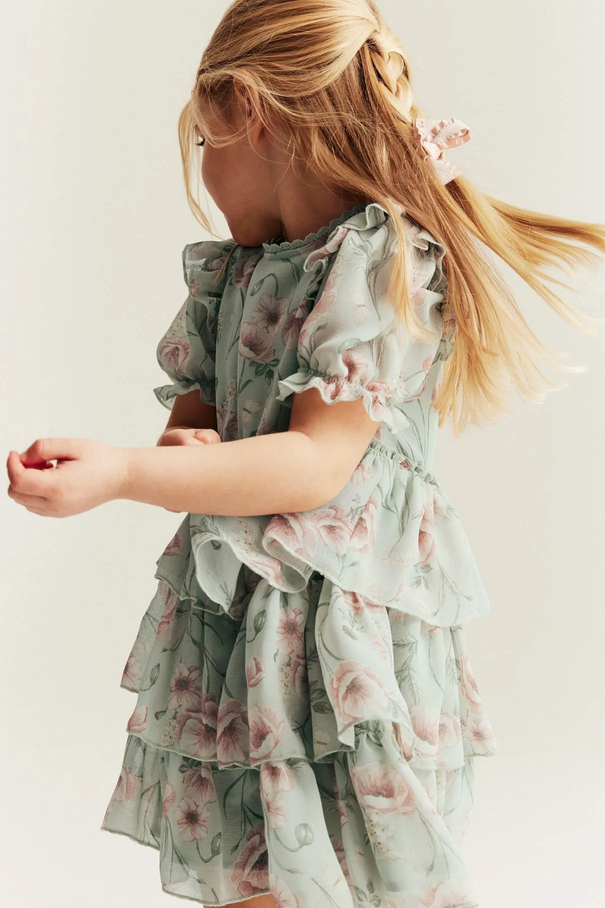 Kids green floral chiffon dress