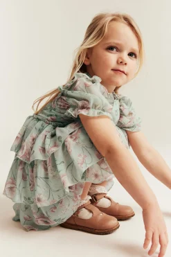 Kids green floral chiffon dress
