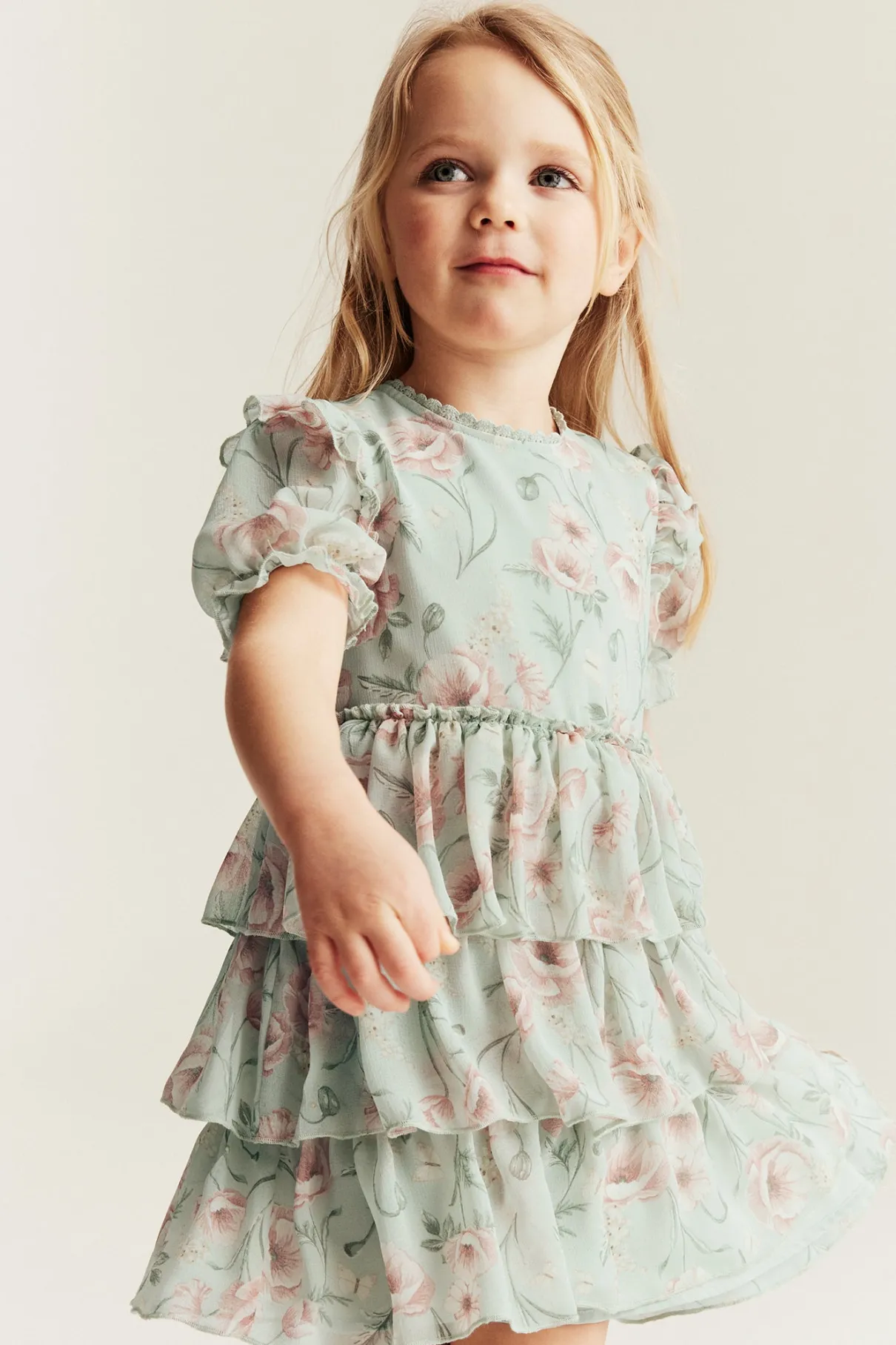 Kids green floral chiffon dress
