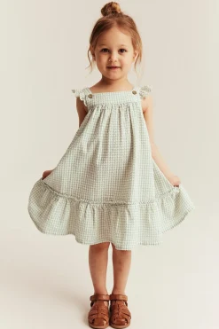Kids green gingham woven dress