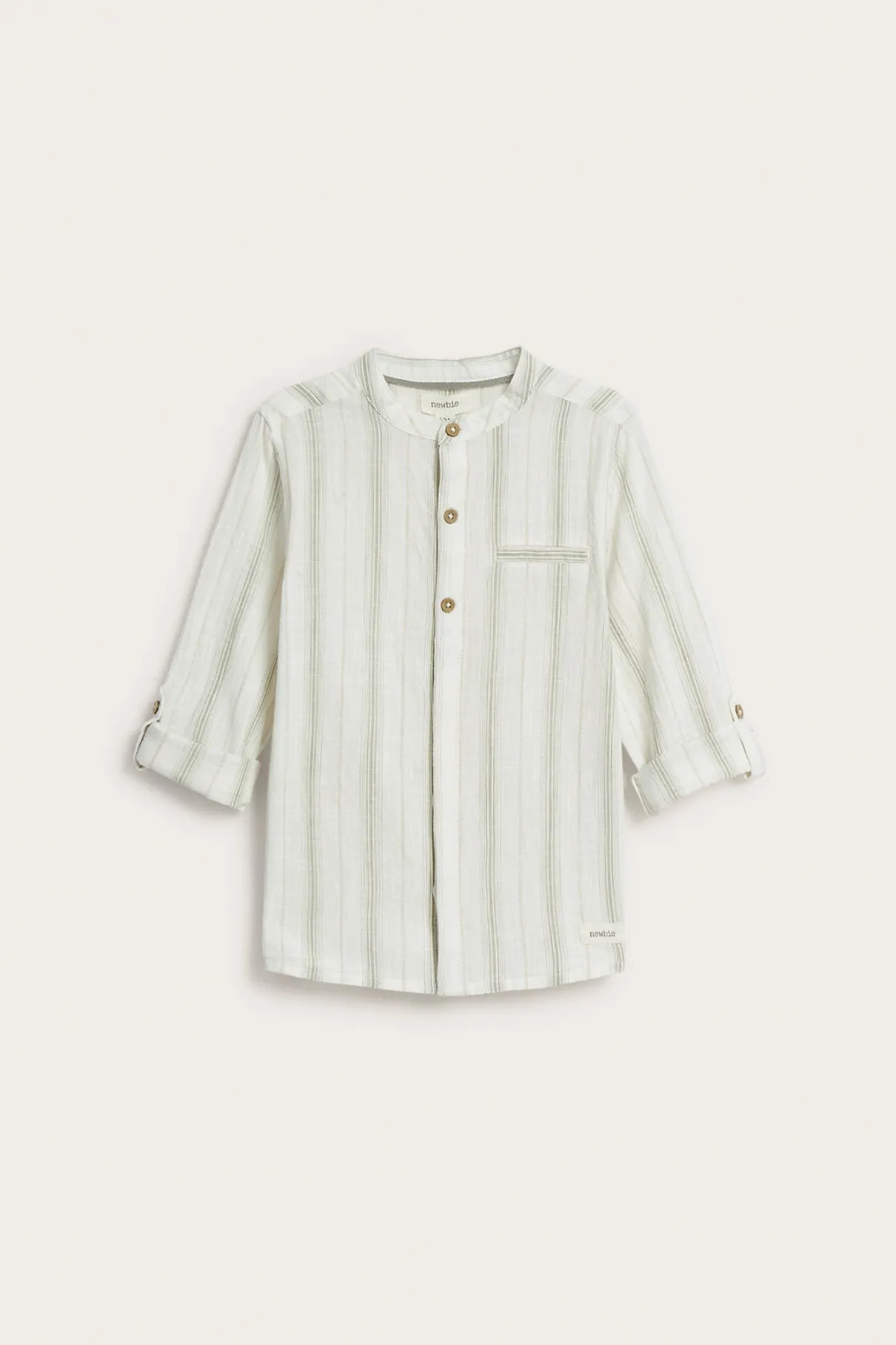 Kids green striped shirt with band collar
