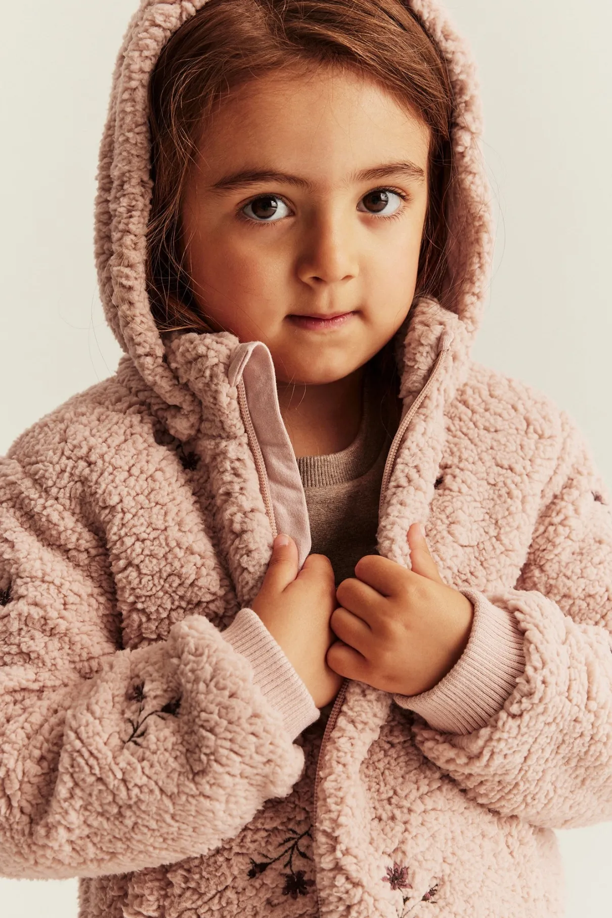Kids pink floral pile jacket