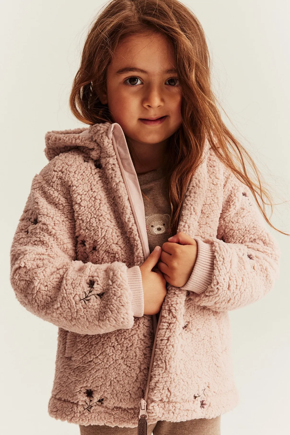 Kids pink floral pile jacket