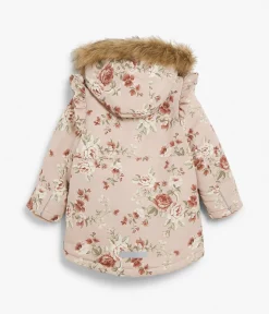 Kids pink floral print hooded faux fur jacket