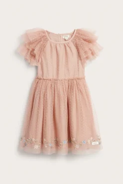 Kids pink mesh dress with ruffles