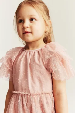 Kids pink mesh dress with ruffles