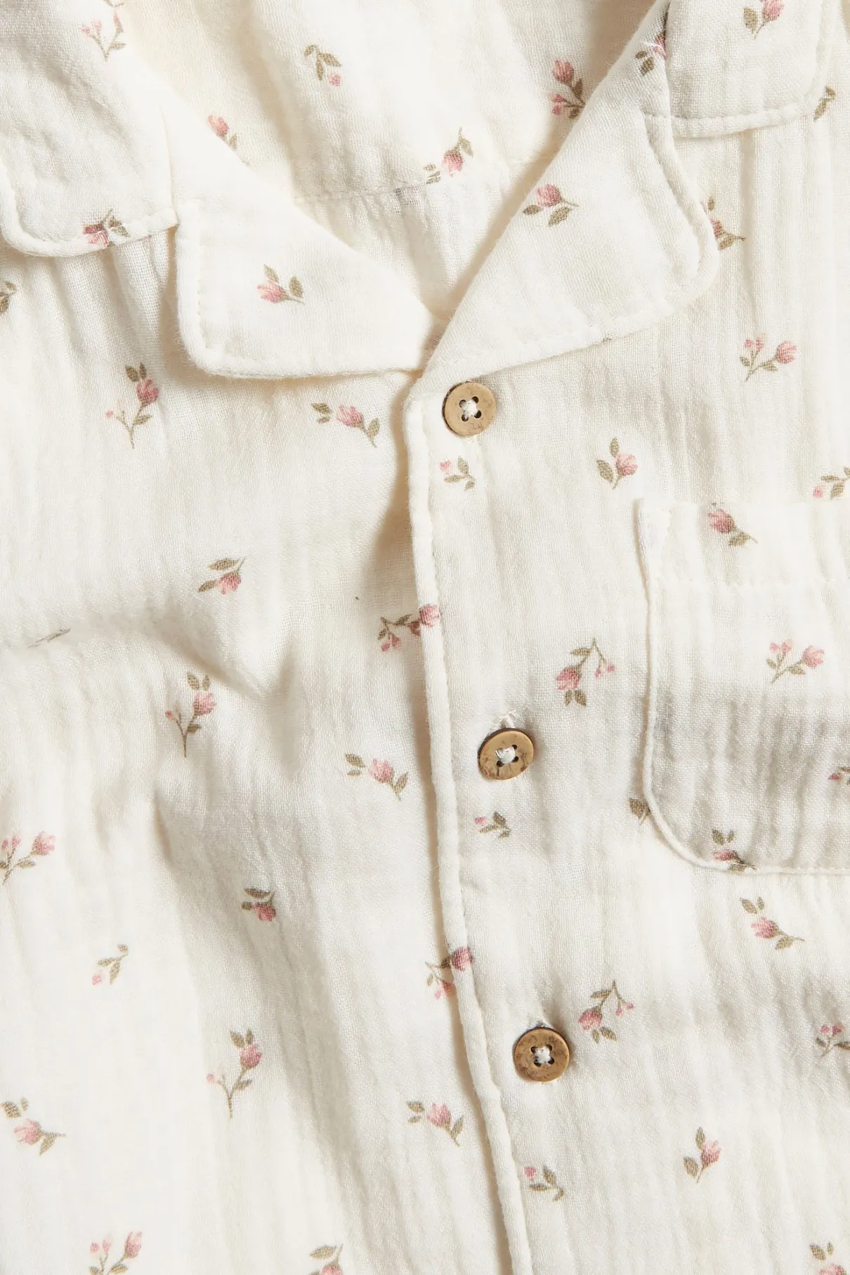 Kids white floral short-sleeve muslin shirt