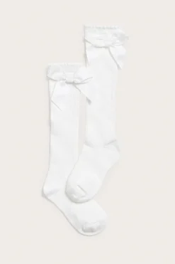 Kids white knee-high bow socks